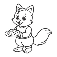 Cute Cartoon Cat with Pie – Whimsical Black & White Outline