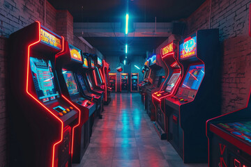 Fantasy Sci-Fi Inspired Arcade Gaming Lounge Interior with Classic Neon Arcade Games Lining Walls