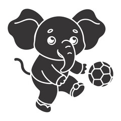 Playful Elephant with Soccer Ball – Black & White Minimalist Cartoon Silhouette