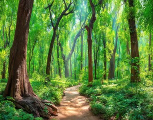 Obraz premium An isolated and boundless pathway set amidst natural beauty, empty of people throughout the day