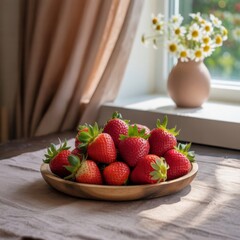 A wooden plate filled with fresh, ripe strawberries sits on a table near a window. Sunlight illuminates the scene, enhancing the vibrant red color of the strawberries.