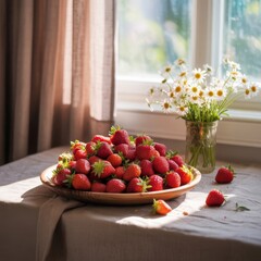 A wooden plate filled with fresh, ripe strawberries sits on a table. A vase of daisies is nearby, with sunlight streaming through a window.