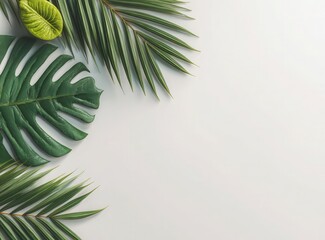 Obraz premium A white background features summer tropical leaves and ample copy space