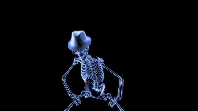Looped animation of a dancing skeleton isolated on a black screen