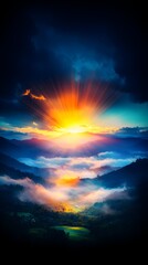 Obraz premium Vibrant sunrise bursting through dark clouds over a misty mountain valley, painting the landscape in warm and cool hues