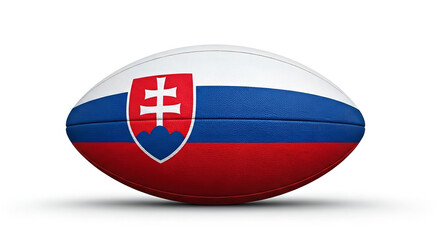 A rugby ball painted with the slovakian flag colors and emblem on a white background surface