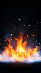 Fiery inferno ablaze, orange and yellow flames licking upwards from a smoky, blue-tinged base against a dark background, embers scattered in the air
