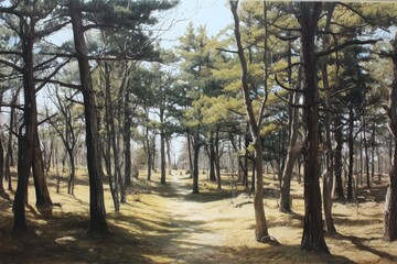 Fototapeta premium The forest in Long Island, NY, has a trail and path that runs through the trees during summer