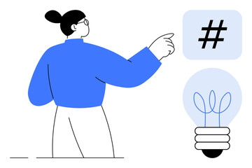 Individual pointing at a metadata tag symbol and light bulb. Ideal for innovation, ideas, creativity, social media, modern business, brainstorming, marketing concepts, simple landing page