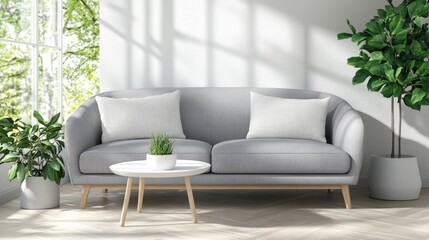 A grey sofa on pale birch wood floors, with sunlight filtering through the tall windows. Greenery from houseplants and a white coffee table add freshness.