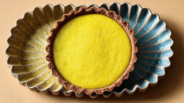   A photo of a pie pan zoomed in, showing a yellow filling on the center of the base