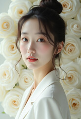 Close up lady in loose white suit