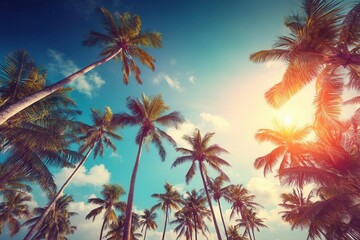 A low-angle view of a coconut palm tree is depicted against a sky background in a toned image