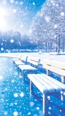 Snow-covered benches line a frozen pond, winter trees in background under a bright, snowy sky