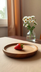 A single ripe strawberry rests on a wooden plate. A vase with white daisies is in the background. The setting is bright and minimalistic, with soft curtains.