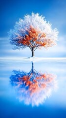 Solitary frost-covered tree with half-orange leaves, perfectly reflected in a calm, blue, icy water