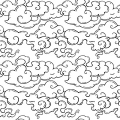 Seamless pattern of chinese clouds. Black and white outline illustration of swirling oriental clouds. Hand-drawn doodle style. Background element for textiles, wallpapers, and packaging.