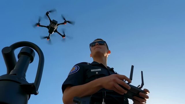 Police officer controls surveillance drone in blue sky during training or outdoor patrol operation
