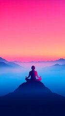 Silhouette of a person in lotus position atop a mountain peak at sunrise, overlooking a misty valley with a vibrant pink and orange sky