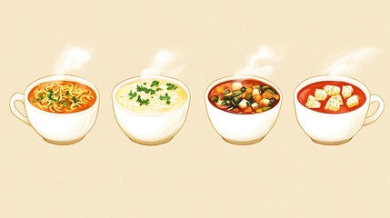 Four different types of steaming soups in white bowls.