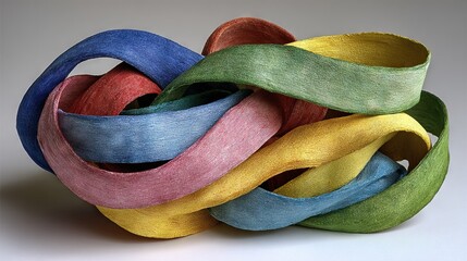   A close-up of multicolored ribbons stacked on a white surface against a white backdrop