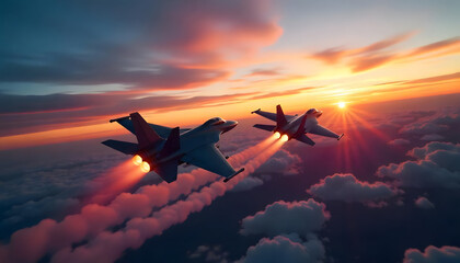 Two fighter jets soaring high above the clouds during a vibrant sunset.