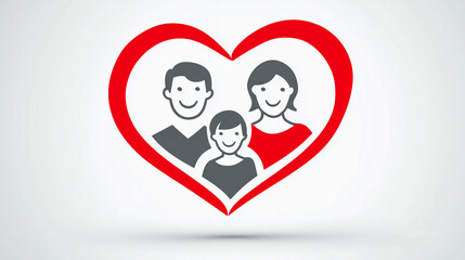 Happy family icon inside a red heart symbol. Concept for love, health care, family values, parenting, and support services.