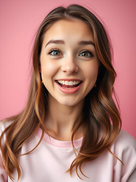 Close-up portrait of her she nice-looking attractive lovable lovely pretty charming amazed cheerful cheery brown-haired girl good news reaction isolated over pink pastel color background