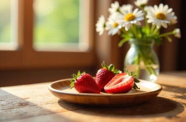Fresh strawberries on a wooden plate beside a vase of daisies. Natural light illuminates the scene, creating a warm and inviting atmosphere.