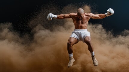 Obraz premium A muscular boxer leaps in the air surrounded by a cloud of dust.