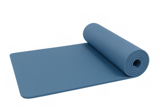 Rolled blue yoga mat lying flat, prepared for workout with clean minimalist design, studio fitness essential
