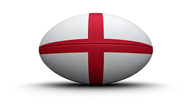 A white rugby ball with a red cross design isolated on a white background with a subtle shadow