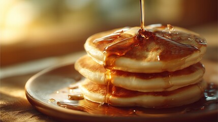 Hyperreal Food Photography of pancakes stacked with syrup dripping in ultra-HD macro shot, sunlit breakfast atmosphere, golden hour color tones