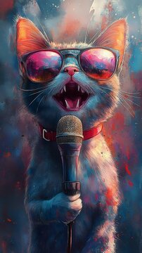 A vibrant digital artwork of a singing cat wearing sunglasses, holding a microphone. Perfect for entertainment and pet lovers.