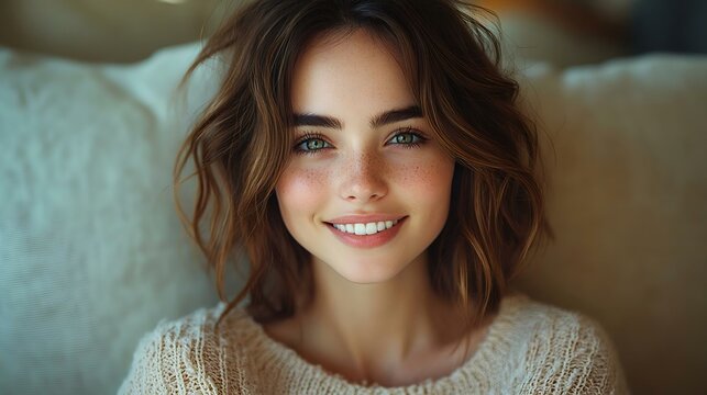 A young woman with curly brown hair and freckles, smiling brightly while wearing a cozy sweater. The warm, inviting background enhances the cheerful mood. - Powered by Adobe