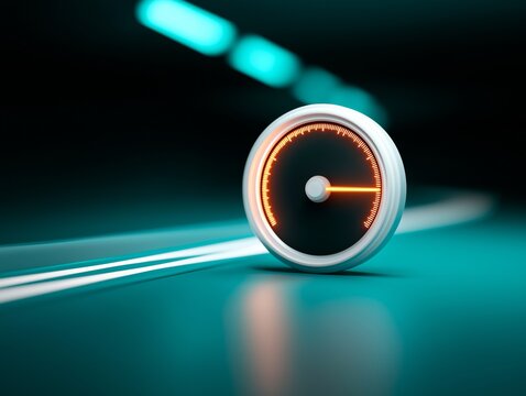 Speedometer gauge with illuminated dial, showcasing dynamic motion in a futuristic setting, emphasizing technology and precision in automotive design and engineering concepts - Powered by Adobe