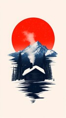 Snowy cabin nestled in a mountain valley, reflected in dark water, a large red sun overhead