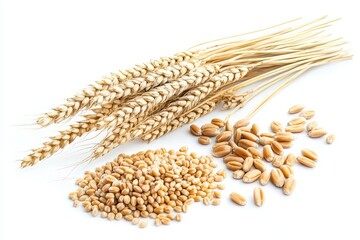 Wheat ears and grains isolated on white background