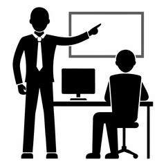 Businessmen and women collaborate on laptops at office desks, utilizing technology for online communication and corporate success