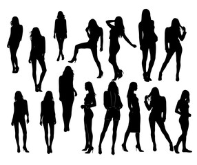 A set of fashion models standing, walking, and posing in elegant runway silhouettes on white background, showcasing diverse and stylish outfits ideal for fashion industry branding, and clothing design