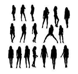 A set of fashion models standing, walking, and posing in elegant runway silhouettes, showcasing diverse and stylish outfits—ideal for fashion industry branding, editorial art, and clothing design