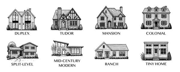 House Styles Collection. Residential Building Drawings set. Vector duplex, tudor, mansion, colonial, split-level, mid-century modern, ranch, tiny home