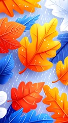 Vibrant autumn leaves falling in a gentle rain on a soft gray background