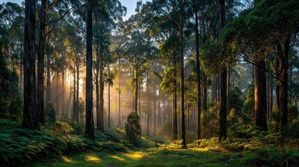 Obraz premium The sun illuminates the verdant forest floor through towering, slender tree trunks