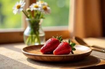 Fresh red strawberries on a wooden plate beside a vase of daisies. Natural light illuminates the scene, creating a warm and inviting atmosphere.