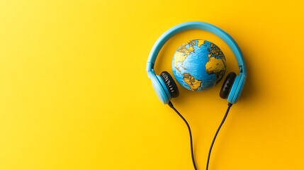 A globe nestled within a pair of headphones.