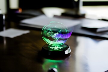 A futuristic holographic display orb with a glowing green and purple geometric fox head logo sitting on a modern office desk. Concept of digital innovation and technology
