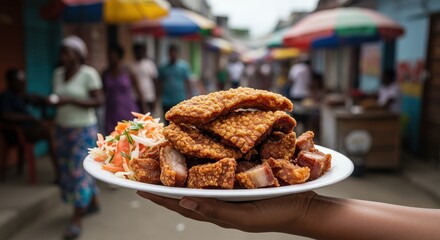Authentic haitian griot crispy fried pork served with a fresh pikliz slaw in a market