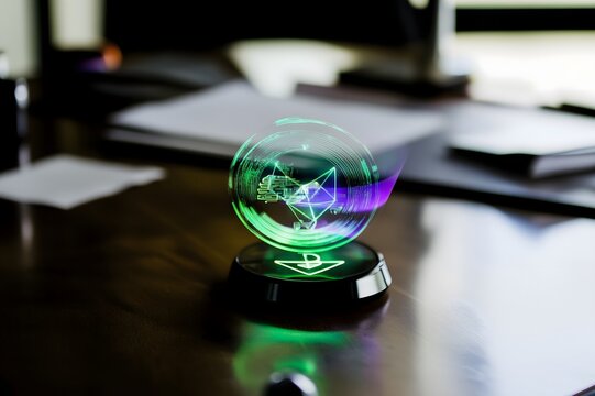 A futuristic holographic display orb with a glowing green and purple geometric fox head logo sitting on a modern office desk. Concept of digital innovation and technology