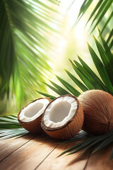 Coconut and Palm Leaves on Wooden Surface in Tropical Sunlight, Nature and Freshness, Exotic Environment Concept 2